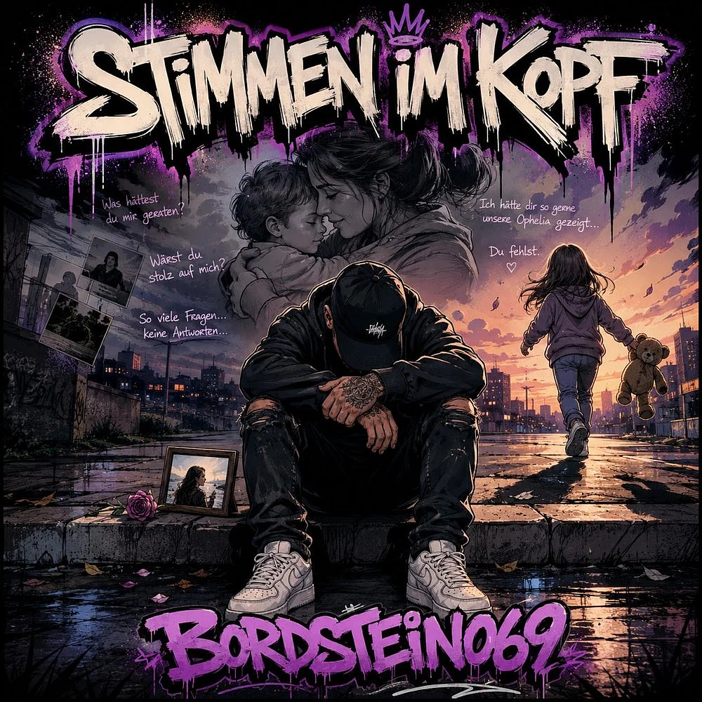 Cover von Stimmen im Kopf: eine kauernde Figur mit Cap auf nasser Straße, darüber Erinnerungsbilder.