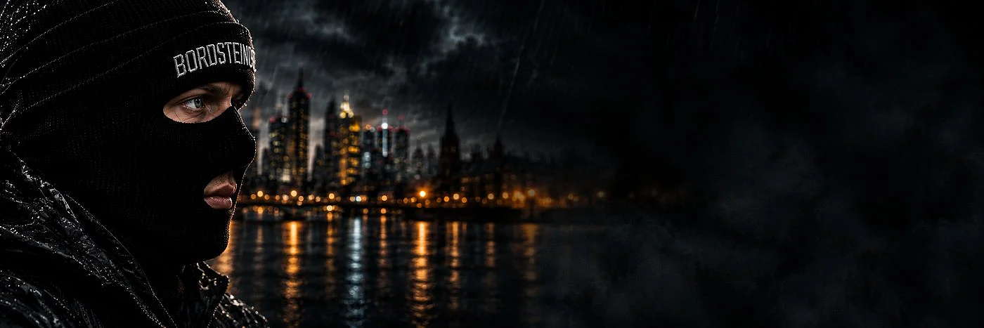 Nahaufnahme der schwarzen Sturmhaube vor der regennassen Frankfurter Skyline.