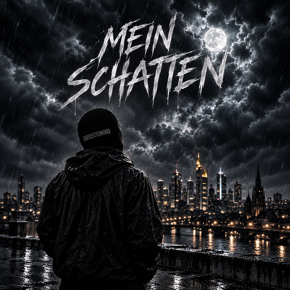 Cover von Mein Schatten: eine Silhouette blickt zum Mond hinter Sturmwolken über der Skyline.