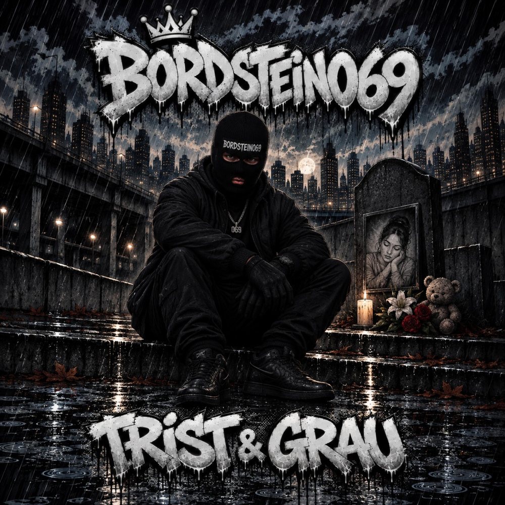 Cover von Trist & Grau: die maskierte Figur sitzt im Regen vor der nächtlichen Skyline.